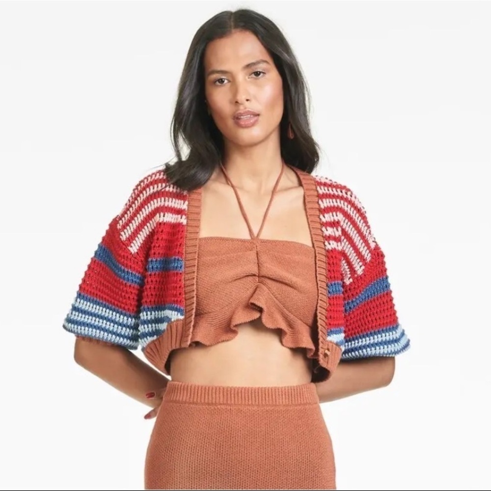 Sachin + Babi Cropped Open-Front Cardigan in Red, Blue & White